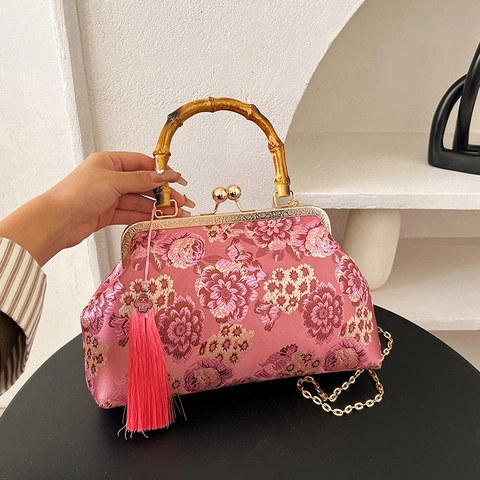 Bolso Doctor Vintage Estilo Chino Para Mujer Con Bordado Floral De Brocado Asa De Bambú Cadena De Metal Y Borla