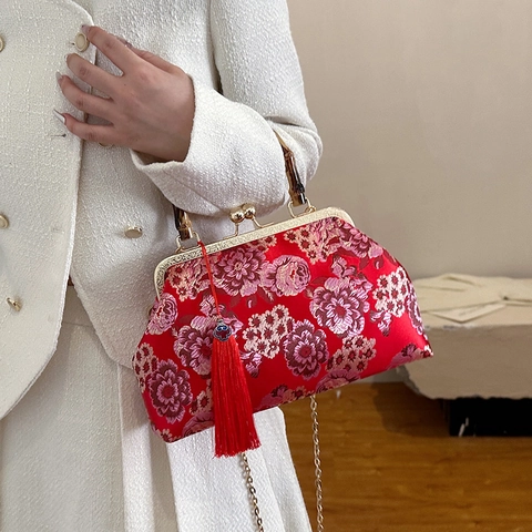 Bolso Doctor Vintage Estilo Chino Para Mujer Con Bordado Floral De Brocado Asa De Bambú Cadena De Metal Y Borla