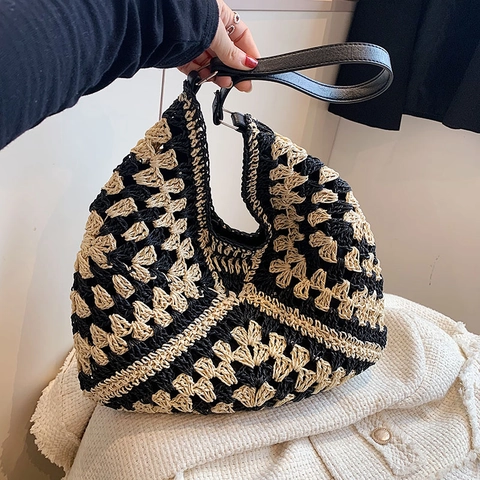 Bolso Tote De Paja Tejido A Mano De Ganchillo Gran Capacidad Bloque De Color Patrón Geométrico Bolso De Hombro Para Mujer Vacaciones
