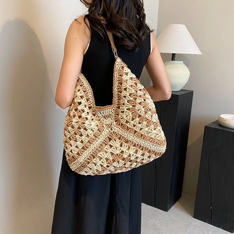 Bolso Tote De Paja Tejido A Mano De Ganchillo Gran Capacidad Bloque De Color Patrón Geométrico Bolso De Hombro Para Mujer Vacaciones