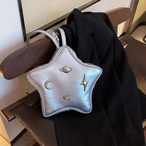Sac Bandoulière Forme Étoile Cuir PU Planète Lune Étoile Breloques Métalliques Petit Sac À Dos Style Harajuku