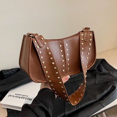 Women PU Leather Underarm Bag Retro Rivet Decor Wide Strap Zipper Shoulder Baguette Bag Punk Style