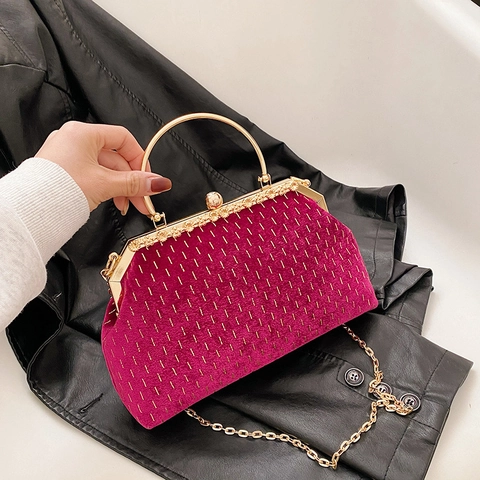 Bolso De Noche De Terciopelo Vintage Con Asa De Anillo Metálico Y Correa De Cadena Elegante Clutch De Fiesta Para Mujer