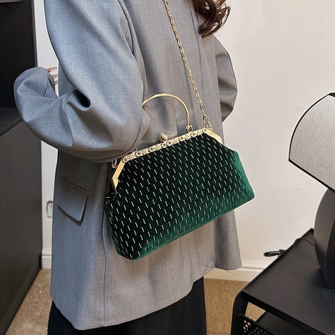 Bolso De Noche De Terciopelo Vintage Con Asa De Anillo Metálico Y Correa De Cadena Elegante Clutch De Fiesta Para Mujer