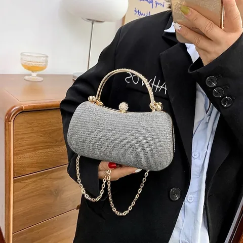 Luxury Evening Clutch Bag Rhinestone Handle Glitter Square Handbag Party Wedding Shoulder Crossbody Purse With Chain