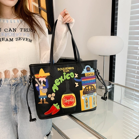 Dames Mexico Stijl PU Leer Tote Tas Grote Capaciteit Borduurwerk Patchwork Schouder Handtas Etnisch Souvenir