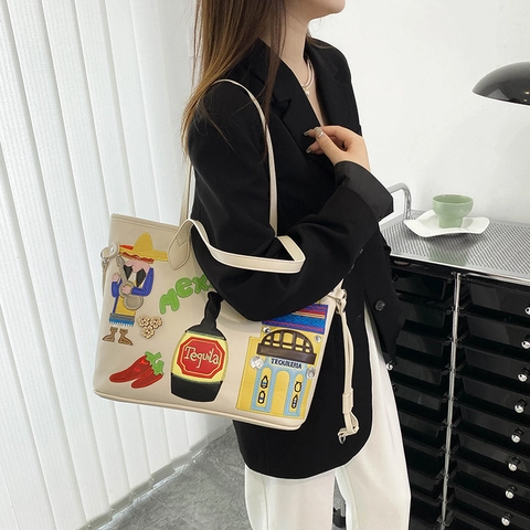 Dames Mexico Stijl PU Leer Tote Tas Grote Capaciteit Borduurwerk Patchwork Schouder Handtas Etnisch Souvenir
