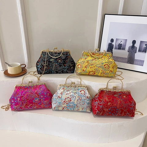Pochette De Soirée Broderie Florale Brocart De Satin Poignée Anneau Métal Avec Chaîne Amovible Style Chinois Femme