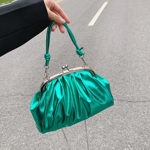 Women Pleated Cloud Dumpling Bag Metallic PU Leather Chic Ruched Handbag With Detachable Chain Strap For Party Evening