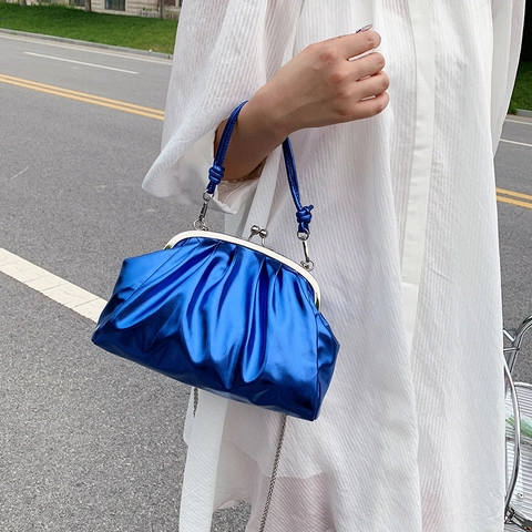 Women Pleated Cloud Dumpling Bag Metallic PU Leather Chic Ruched Handbag With Detachable Chain Strap For Party Evening