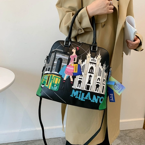 Milan Embroidery Patch Women PU Leather Handbag Large Capacity Boston Tote Crossbody Bag City Theme Retro Street Style