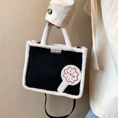 Borsa Tote In Peluche Grande Capacità Donna Lana Di Agnello Camoscio Borsa A Spalla Autunno Inverno Ricamo