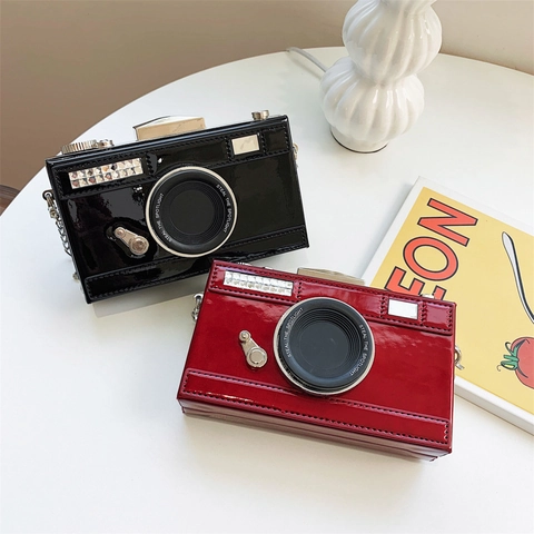 Camera Vorm Crossbody Tas PU Leer Metalen Ketting Retro Doos Kleine Vierkante Mode Uniek Voor Vrouwen