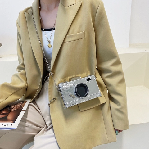 Camera Vorm Crossbody Tas PU Leer Metalen Ketting Retro Doos Kleine Vierkante Mode Uniek Voor Vrouwen