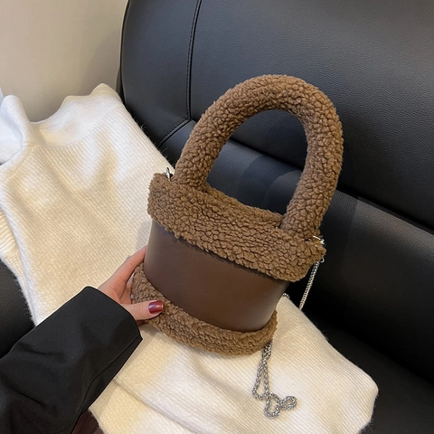 Plush PU Leather Bucket Bag For Women With Chain Strap Top Handle Warm Winter Fashion Handbag