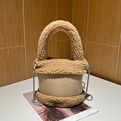 Plush PU Leather Bucket Bag For Women With Chain Strap Top Handle Warm Winter Fashion Handbag