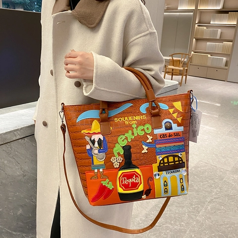 Γυναικεία Vintage Τσάντα Tote με Μεξικάνικο Κέντημα και Σχέδιο Κροκόδειλου Δέρμα PU Μεγάλη Χωρητικότητα Τσάντα Ώμου