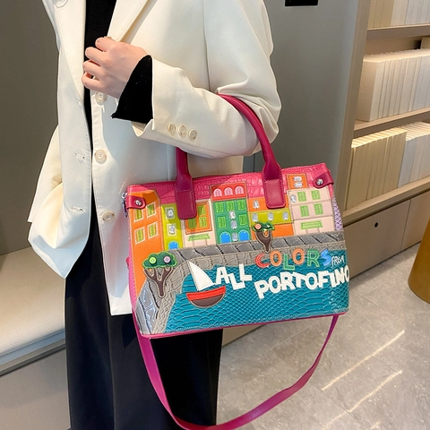Women's PU Leather Patchwork Portofino Landscape Embroidery Handbag High Quality Croc Pattern Shoulder Crossbody Tote Bag