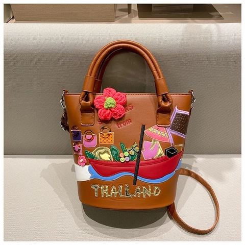 Eimer Tasche Damen PU Leder Thailand Stil Stickerei Patchwork Handtasche Crossbody Schultertasche Mit Strickblume