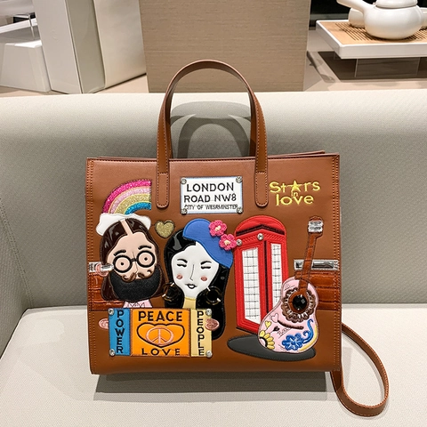 Women Tote Bag PU Leather London Pop Art Patchwork Embroidery Shoulder Handbag With Adjustable Strap