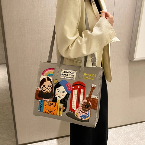Women Tote Bag PU Leather London Pop Art Patchwork Embroidery Shoulder Handbag With Adjustable Strap