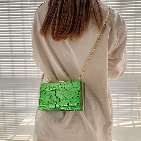 Dames Avondtas Clutch Metallic Geplooide Textuur Box Handtas Met Ketting Schouderband Sluiting Feest Mode