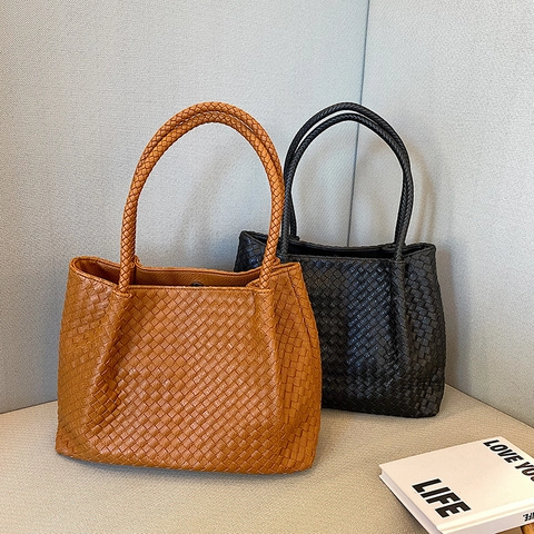 Women Woven Tote Bag And Pouch PU Leather Large Capacity Shoulder Bag Retro Commuter Handbag Elegant