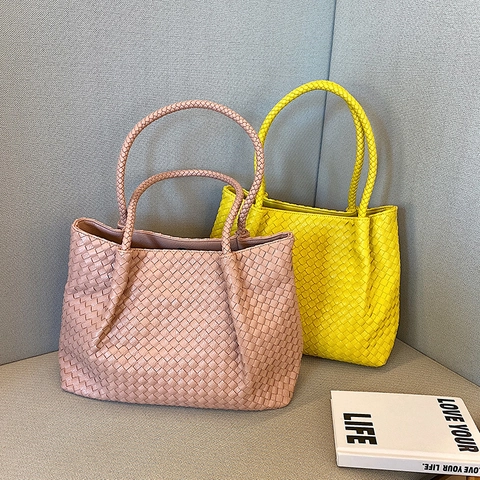 Women Woven Tote Bag And Pouch PU Leather Large Capacity Shoulder Bag Retro Commuter Handbag Elegant