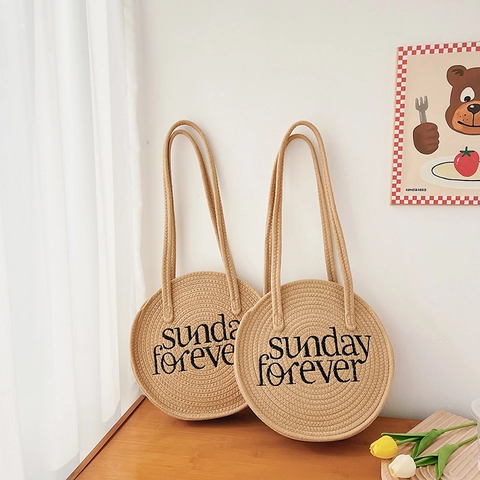 Bolso De Hombro Redondo De Paja Tejida Bordado Letras Sunday Forever Playa Verano Estilo Casual Vacaciones Mujeres