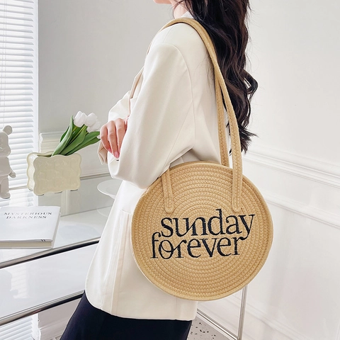 Bolso De Hombro Redondo De Paja Tejida Bordado Letras Sunday Forever Playa Verano Estilo Casual Vacaciones Mujeres