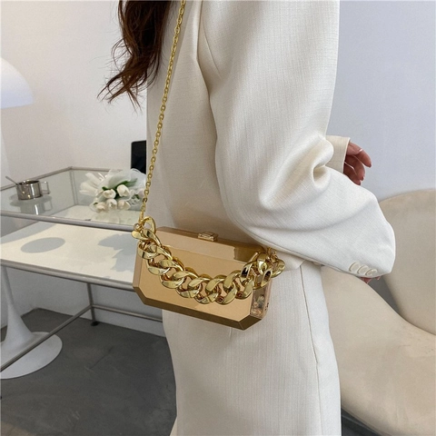 Damen Metallic Spiegel Geometrische Hartschale Abendtasche Acryl Box Clutch Klobige Kette Dünner Metallriemen Party Handtasche
