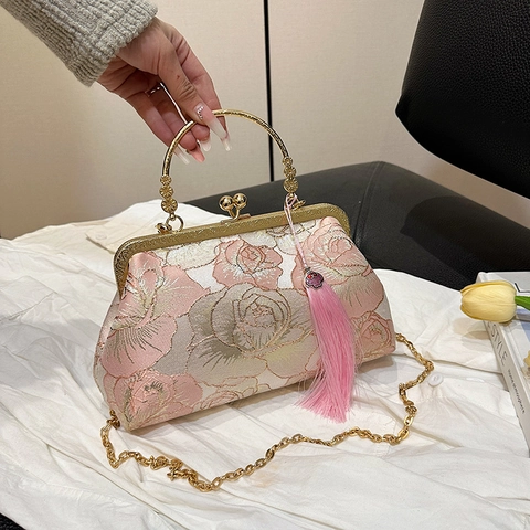 Retro Chinesischer Stil Floral Jacquard Satin Handtasche Mit Metall Rundgriff Kette Riemen Quaste Kuss Schloss Abendtasche