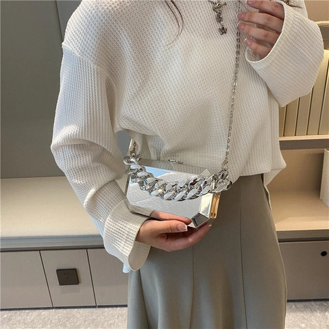 Acryl Spiegel Abendtasche Geometrische Box Clutch Dicke Kette Umhängetasche Damen Street Style Mode Schultertasche