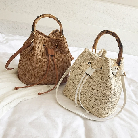 Damen Retro Stroh Gewebte Beuteltasche Mit Bambusgriff Große Kapazität Kordelzug Sommer Strand Schulter Umhängetasche