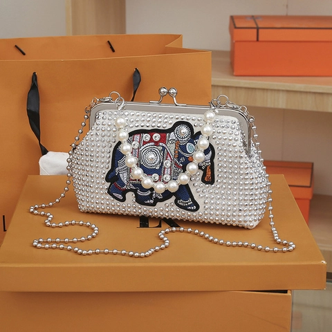 Women Rhinestone Evening Bag Artificial Pearl Handle Elephant Embroidery Ethnic Style Crossbody Handbag Purse