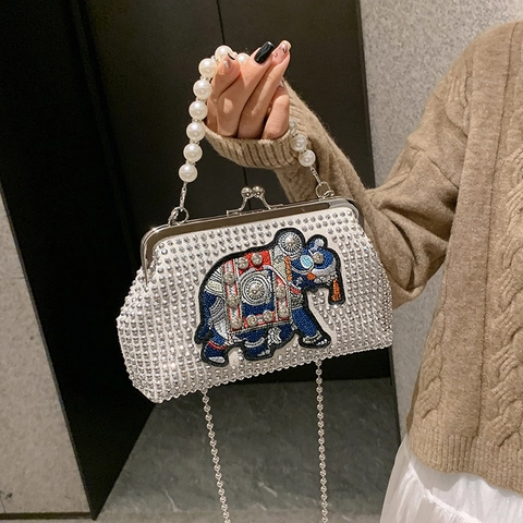 Women Rhinestone Evening Bag Artificial Pearl Handle Elephant Embroidery Ethnic Style Crossbody Handbag Purse