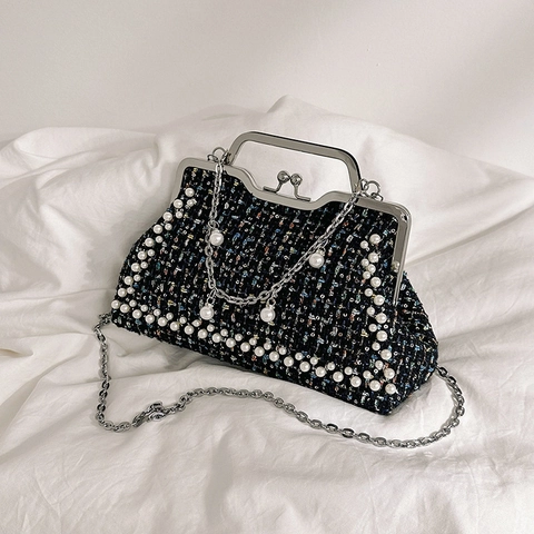 Vintage Tweed Evening Handbag With Artificial Pearl Decoration Kiss Lock Closure Retro Elegant Crossbody Shoulder Chain Bag For Women