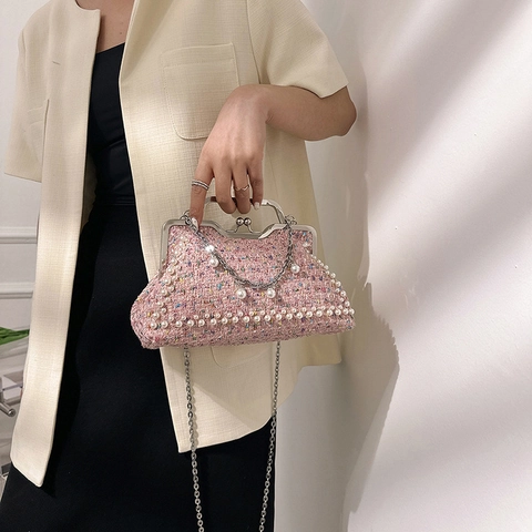 Vintage Tweed Evening Handbag With Artificial Pearl Decoration Kiss Lock Closure Retro Elegant Crossbody Shoulder Chain Bag For Women