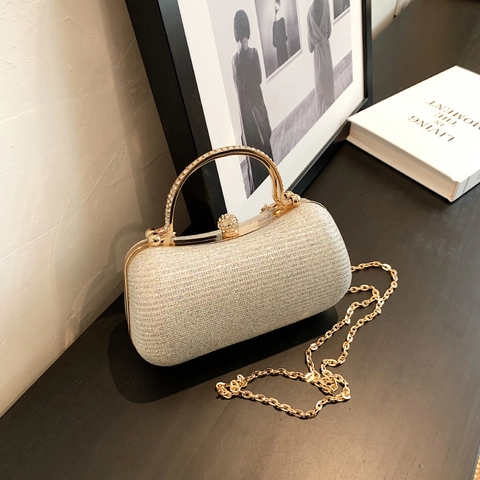 Pochette Da Sera Glitterata Elegante Manico Tondo In Metallo Strass Chiusura A Sfera Matrimonio Festa Borsa A Tracolla