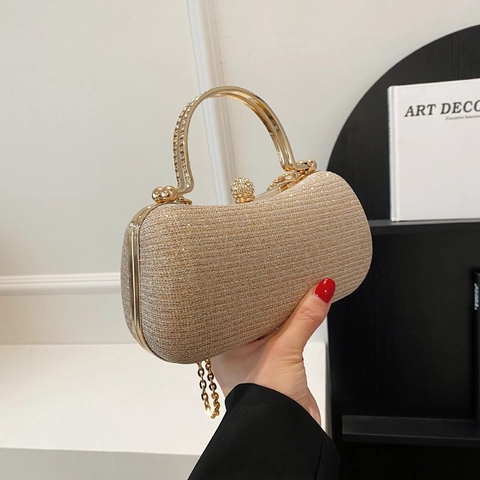 Pochette Da Sera Glitterata Elegante Manico Tondo In Metallo Strass Chiusura A Sfera Matrimonio Festa Borsa A Tracolla