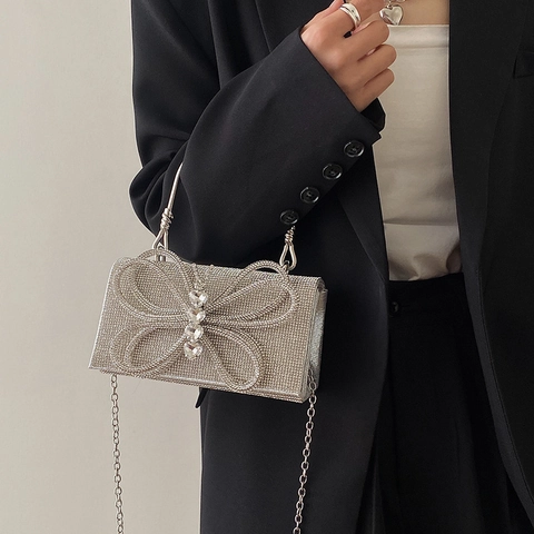 Rhinestone Schmetterling Abendtasche Clutch Mit Metallgriff Und Kettenriemen Luxuriöse Party Handtasche Für Damen