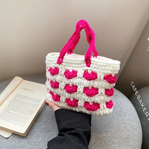 Handmade Crochet Yarn Tote Bag Heart Pattern Contrast Color Korean Style Handbag For Women Girls Lightweight Aesthetic