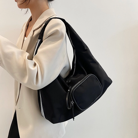 Bolso De Hombro Nylon Gran Capacidad Diseño Rayas Con Bolsa Pequeña Ligero Impermeable Streetwear Casual Mujeres