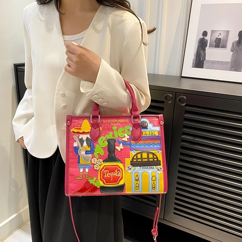 Sac Fourre-Tout Brodé De Style Mexicain En Cuir PU Motif Crocodile Sac À Main Sac À Bandoulière Patchwork Ethnique Coloré