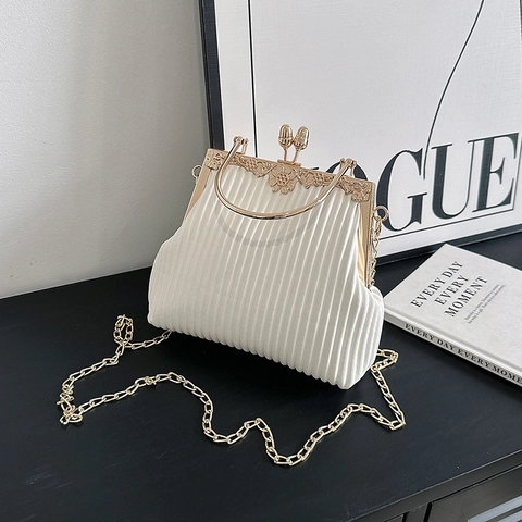 Vintage Falten Abendtasche Damen Retro PU Leder Kiss Lock Handtasche Metall Rundgriff Und Kette Schulterriemen