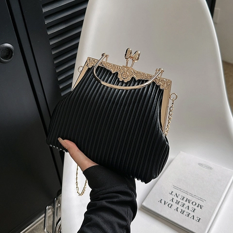 Vintage Falten Abendtasche Damen Retro PU Leder Kiss Lock Handtasche Metall Rundgriff Und Kette Schulterriemen