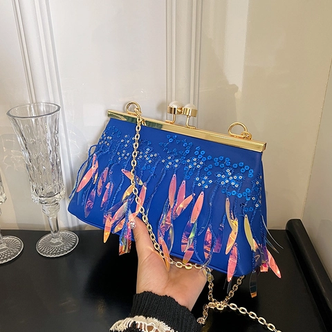 Evening Clutch Bag PU Leather Sequin Holographic Tassel Artificial Pearl Clasp Wedding Party Retro Elegant Shoulder Handbag Women