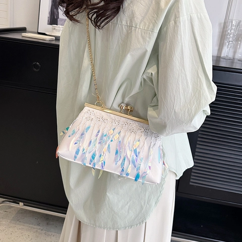 Evening Clutch Bag PU Leather Sequin Holographic Tassel Artificial Pearl Clasp Wedding Party Retro Elegant Shoulder Handbag Women