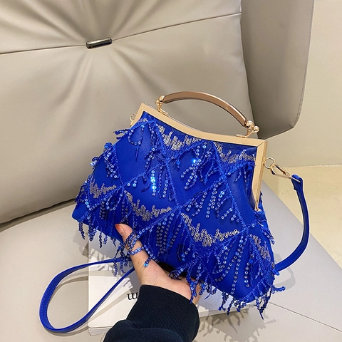 Abendtasche Mit Pailletten Und Quasten Retro Handtasche Metallrahmen Elegante Clutch Umhängetasche Mit Lederriemen