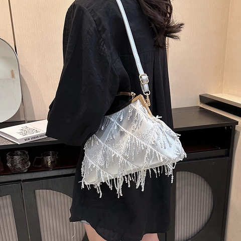 Abendtasche Mit Pailletten Und Quasten Retro Handtasche Metallrahmen Elegante Clutch Umhängetasche Mit Lederriemen